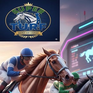 Peut inclure: Image d'une course de chevaux avec des jockeys et des chevaux. L'image comprend un logo "SUPER TURF" et un écran affichant une silhouette de cheval. Le ciel est un mélange d'orange et de bleu.