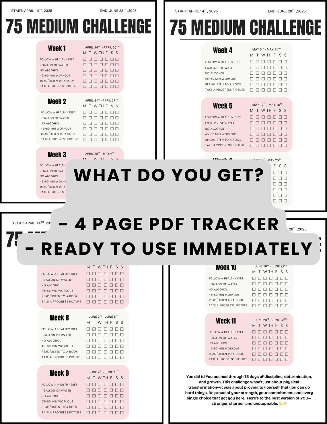 75 MEDIUM Challenge Tracker Printable PDF | 75 Day Fitness Habit