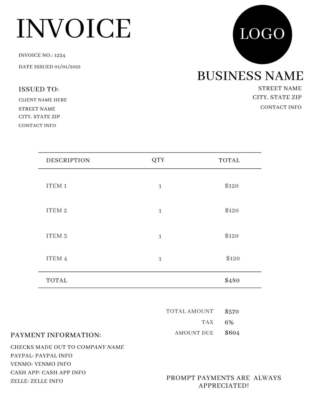 Zelle Invoice Template