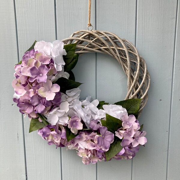 Autumn Wreath, Artificial Wreath, purple and white wreath, hydrangeas, grey wicker wreath, cottage style