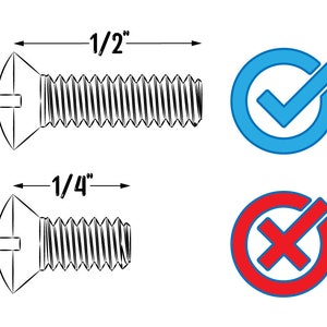 Puede incluir: Un dibujo a l&iacute;nea de dos tornillos, uno de 1/2 pulgada y otro de 1/4 pulgada. Una marca de verificaci&oacute;n azul en un c&iacute;rculo indica que el tornillo de 1/2 pulgada es correcto, mientras que una X roja en un c&iacute;rculo indica que el tornillo de 1/4 pulgada es incorrecto.