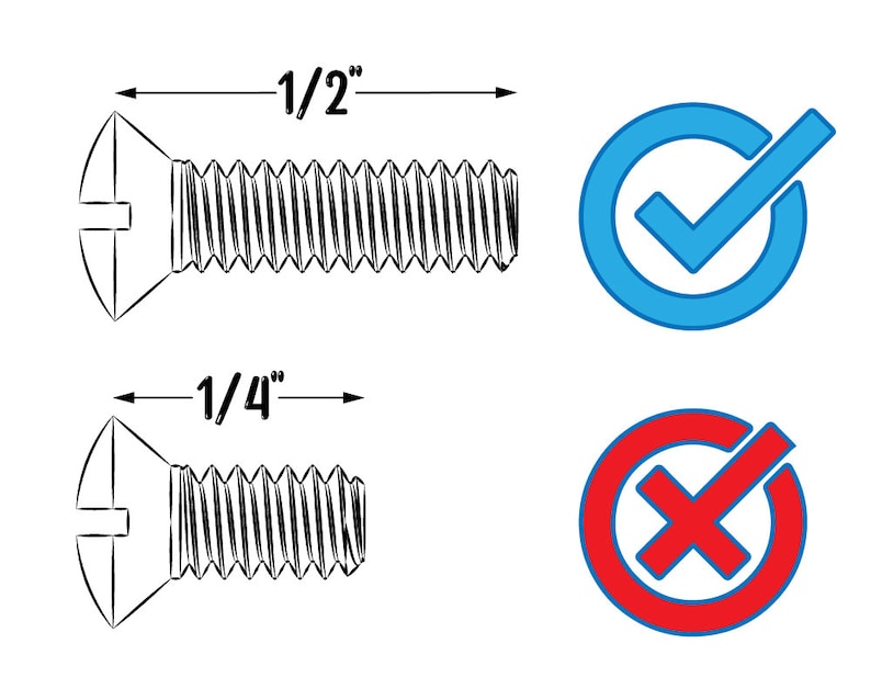 Puede incluir: Un dibujo a l&iacute;nea de dos tornillos, uno de 1/2 pulgada y otro de 1/4 pulgada. Una marca de verificaci&oacute;n azul en un c&iacute;rculo indica que el tornillo de 1/2 pulgada es correcto, mientras que una X roja en un c&iacute;rculo indica que el tornillo de 1/4 pulgada es incorrecto.