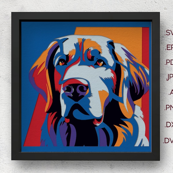 Colorful Dog Shadow Box SVG and 3D Paper Cut Template, Layered For Cardstock Frame