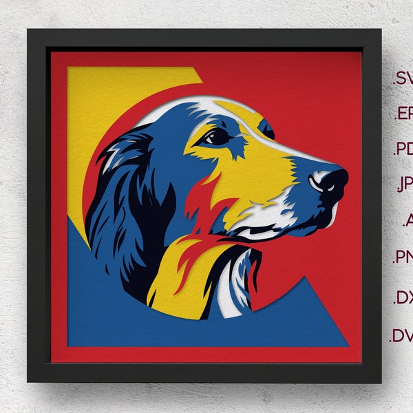 Colorful Dog Shadow Box SVG and 3D Paper Cut Template, Layered For Cardstock Frame