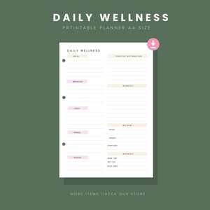 Daily Wellness Planner | A4 Printable Inserts | Day Schedule Planning Worksheet | Self Care Routine Journal Template PDF | Digital Download