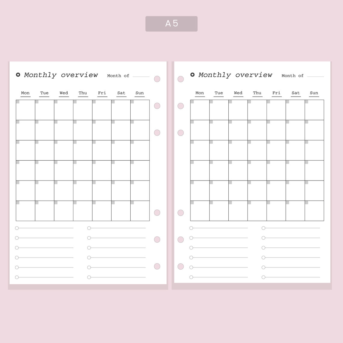 A5 Monthly Calendar Printable