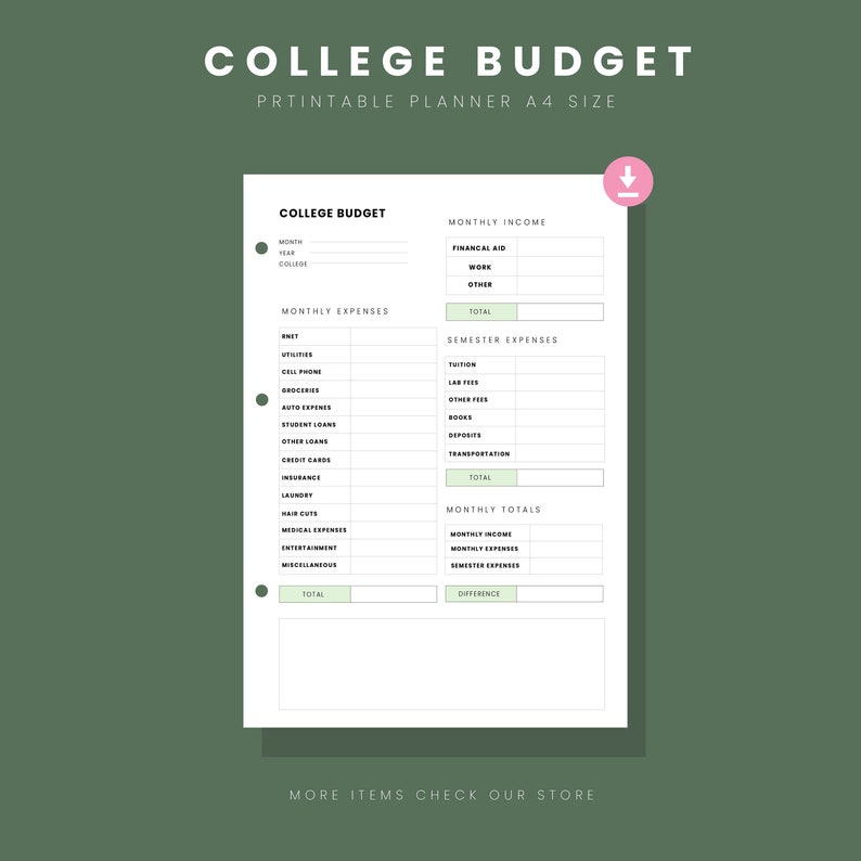 Printable Budget Planner for College Students 2022 Expenses Etsy