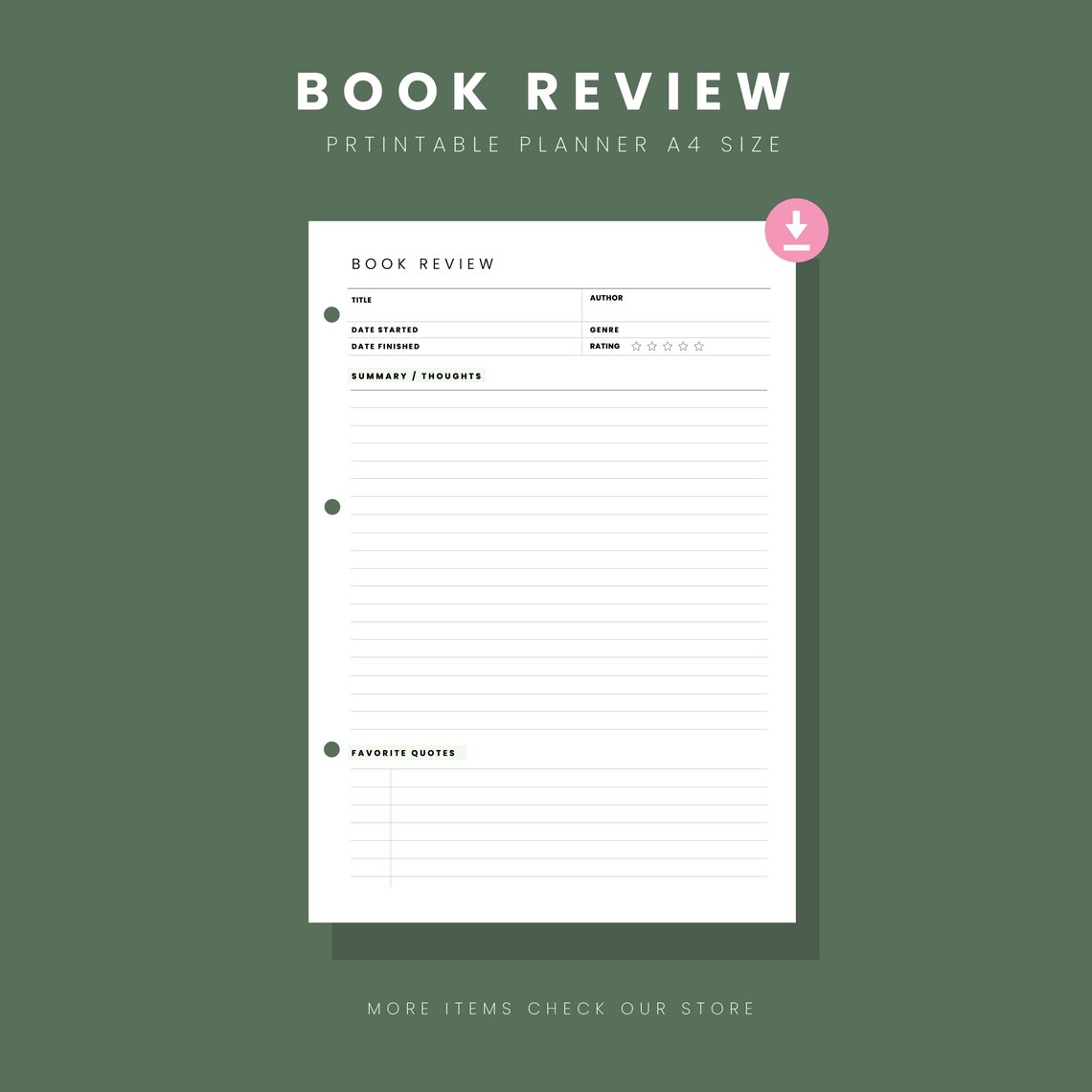 Printable Book Review , A4 Size Happy Planner Insert, Reading Journal ...