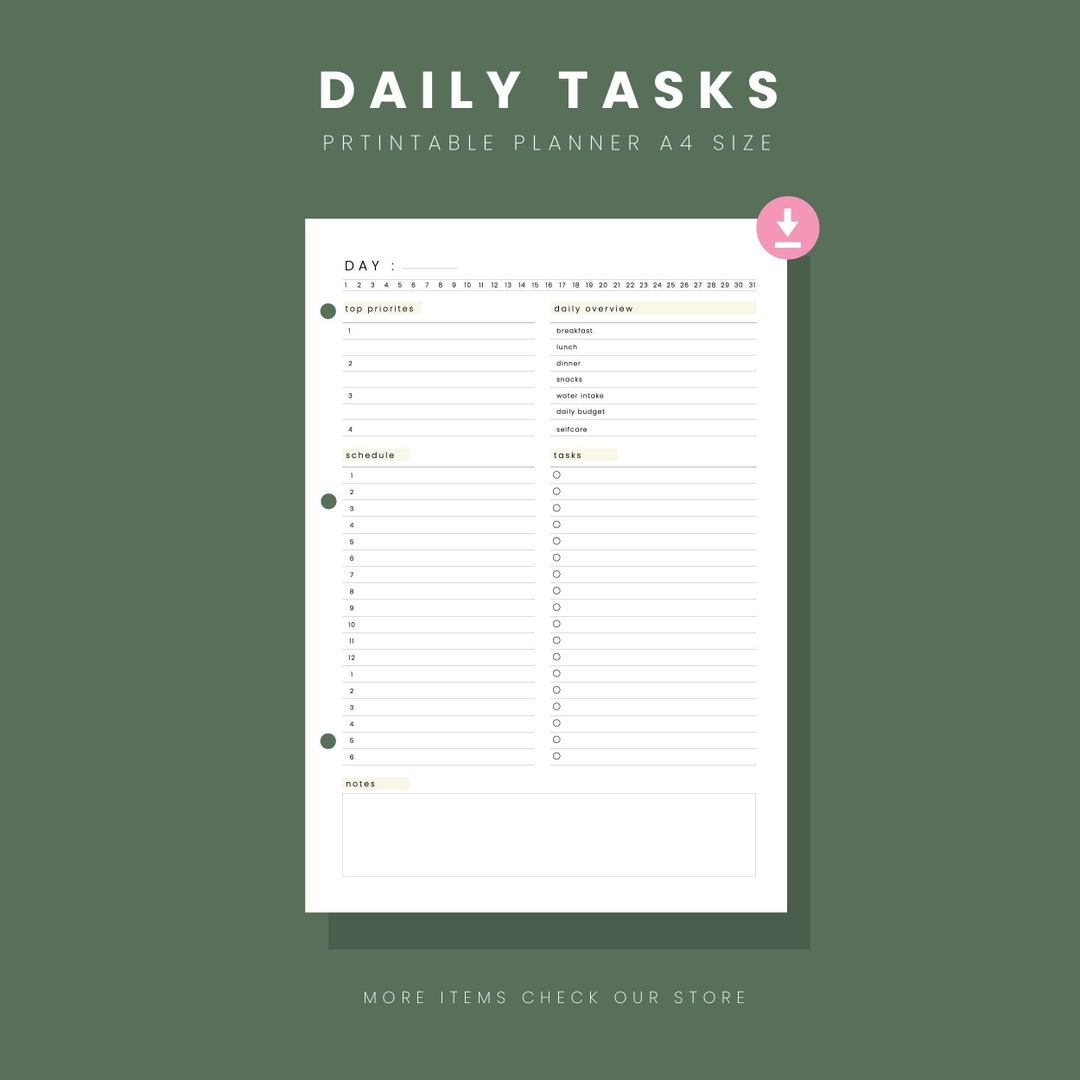 Daily Task Planner | A4 Printable Planner Inserts | Daily Schedule ...