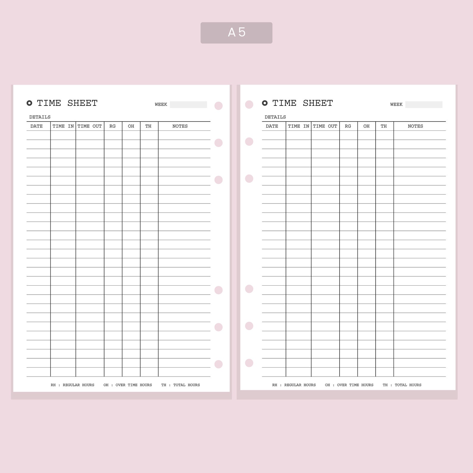 Time Sheet Log Printable A5 Planner Inserts Time Card Etsy