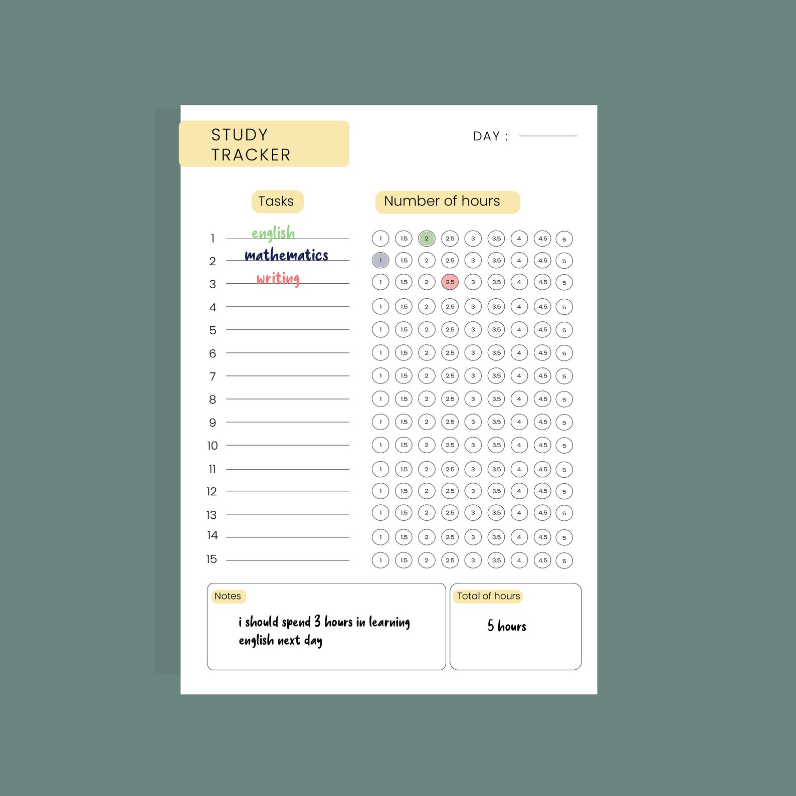 Study Time Tracker 6 colours printable Pdf Student Time Etsy