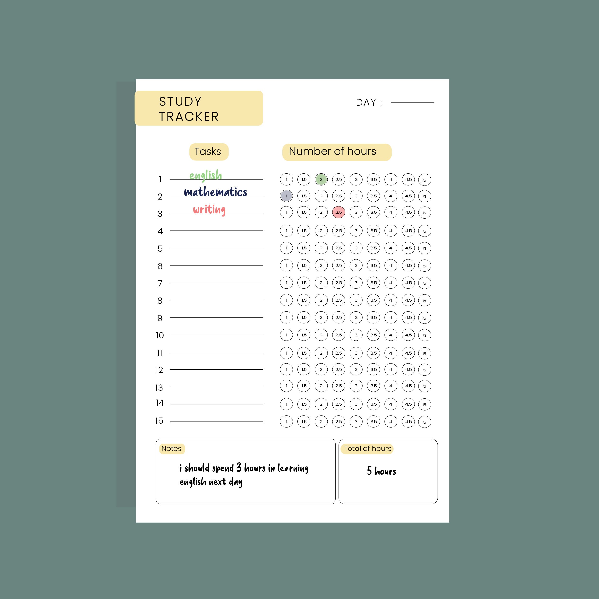 Study Time Tracker 6 Colours Printable Pdf Student Time Etsy