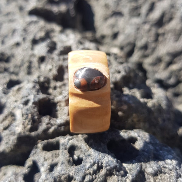 Unique ring made from olive wood with a beach stone , wide band, for her, original gift, minimalist, nature inspired