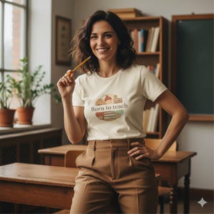 May include: A woman wearing a cream-colored t-shirt with the words "Born to teach" printed on the front. The shirt features a graphic of a lamp, books, and other school-related items. She is holding a pencil and smiling.