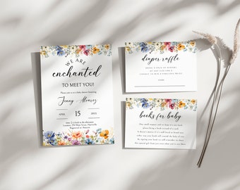 Enchanted to Meet You Baby Shower Bundle, zaproszenie dla dziecka Wildflower, zaproszenie Butterfly, kwiaty, losowanie pieluszek, książki dla dziecka, EM110