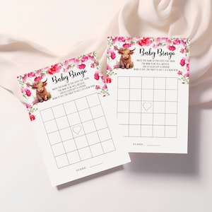 Holy Cow Baby Shower Bingo, Highland Cow Baby Bingo Game, Fun Game for Shower, Pink Floral, Ranch, Farm Animal, Downloadable Game FA118