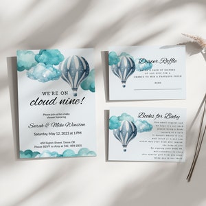 Estamos na nuvem nove, modelo de convite para chá de bebê moderno Cloud 9, pacote de chá de bebê em nuvem neutra de gênero, editável, convite eletrônico HA110