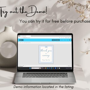 May include: A laptop screen displaying a blue and white checkered thank you card with the text "thank you for coming" and "Please Take One". The text "Try out the Demo! You can try it for free before purchase" is displayed above the laptop.