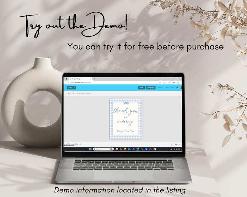 May include: A laptop screen displaying a blue and white checkered thank you card with the text "thank you for coming" and "Please Take One". The text "Try out the Demo! You can try it for free before purchase" is displayed above the laptop.