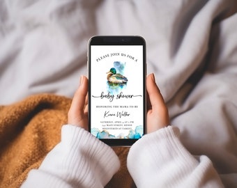 Duck Hunting Baby Shower Digital Invites, Mallard Duck Invitation, Duckling, Text Message, Instant Download, Editable Spring Invite, MD110
