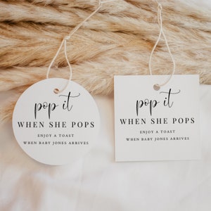 Pop and Cheer When Baby is Here Tag, Pop It When She Pops, Baby Shower Favors, Mini Champagne Tag, Minimalist Editable Tags, Printable MIN01