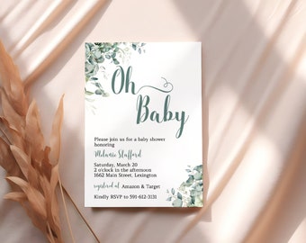 May include: A baby shower invitation with a green and white floral design. The invitation reads "Oh Baby" and includes the details of the event: Saturday, March 20, 2 o'clock in the afternoon, 1662 Main Street, Lexington. The invitation also states that the guest of honor is Melanie Stafford and that gifts can be registered at Amazon & Target. The RSVP number is 591-612-3131.