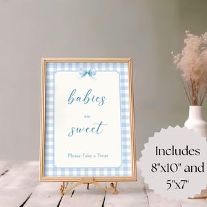 May include: A blue and white gingham baby shower sign with a blue bow and the text "babies are sweet" and "Please Take a Treat". The sign is on a gold easel and includes two sizes: 8"x10" and 5"x7".
