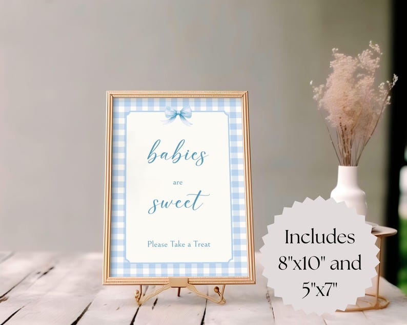 May include: A blue and white gingham baby shower sign with a blue bow and the text "babies are sweet" and "Please Take a Treat". The sign is on a gold easel and includes two sizes: 8"x10" and 5"x7".