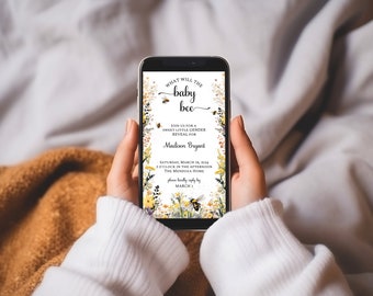 What Will Baby Bee Gender Reveal Digital Invitation, Electronic Invite, Text Message, Paperless, Floral, Wildflowers, Editable, Girl MB110