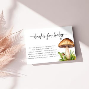 Livres champignons pour carte de bébé, encart d'invitation de douche de forêt, régions boisées, nature, champignon vénéneux, sauvage, verdure, jeux de baby shower, MR110