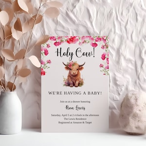 Highland Cow Baby Shower Invitation, Holy Cow Shower Invite, Boho Floral Baby, Pink Flower, Instant Download, Editable, Printable, FA118