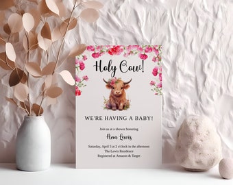 Holy Cow Baby Shower Girl Invitation Set, Highland Invite, Boho Floral, Pink Flower, Instant Download, Editable Template, Printable, FA118