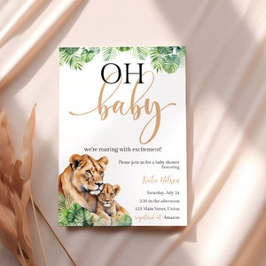 Baby Shower Invitation Lioness, Tropical Safari Invite, Baby Lion Cub, Jungle Animals, Little Wild One, Printable Template, Editable, SA112