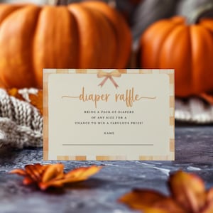 Modello per biglietto della lotteria dei pannolini, Baby Shower Cutie Pie, quadretti arancioni, biglietto della lotteria autunnale dei pannolini, autunno, flanella scozzese, accogliente, modificabile, CP110