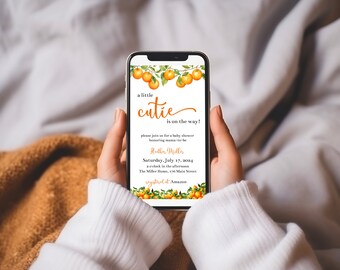 Little Cutie Baby Shower Digital Invitation, Citrus Orange Text Message Invite, Email Invitation, Greenery, Electronic, Editable, LC112