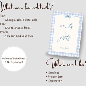 May include: A blue and white gingham card with the text "cards and gifts" and "Thank You!"  Editable template for a wedding, baby shower, or other event.