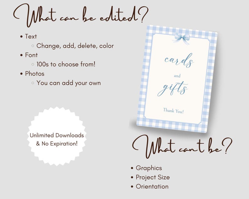 May include: A blue and white gingham card with the text "cards and gifts" and "Thank You!"  Editable template for a wedding, baby shower, or other event.