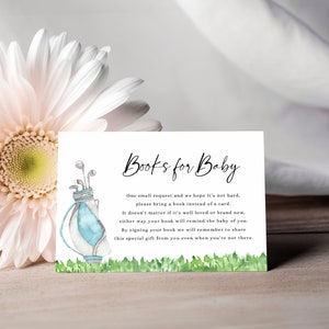 Boeken voor babyverzoekkaart, golf babyshower, golfen, boeken in plaats daarvan uitnodiging invoegen, bewerkbaar, direct downloaden, afdrukbaar, blauw, GF110