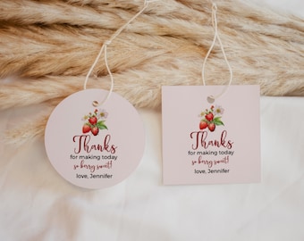 Truskawkowe upominki na baby shower, etykieta na prezent dla dziecka z jagodami, różowe etykiety na upominki, etykieta z podziękowaniami za owoce, letnie etykiety na upominki dla dzieci BY110
