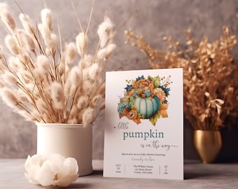 Little Pumpkin Baby Shower Invitation, Fall Baby Shower Invite, Autumn, Blue Pumpkins, Boy Baby, Editable, Printable Template, Rustic, LP110