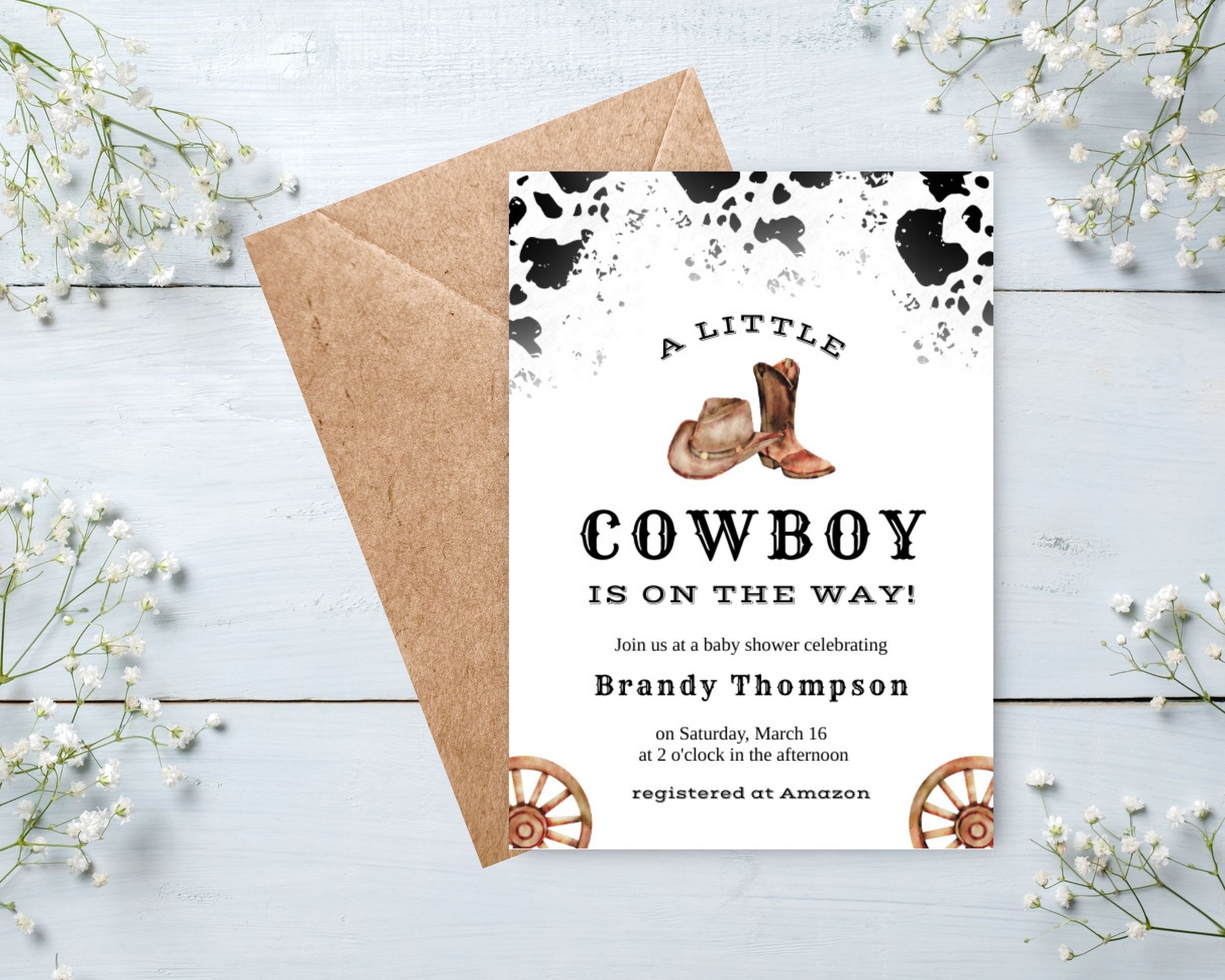 Little Cowboy Baby Shower Invitation Bundle, Cow Print Invite ...