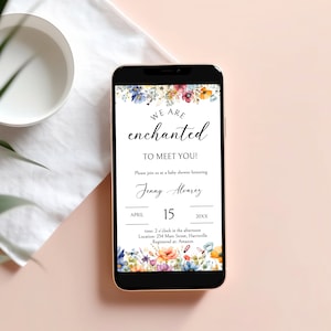 We Are Enchanted to Meet You Baby Shower Digital Invitation, Wildflower Invite, Butterfly, Floral, Paperless, Email, Text Message EM110
