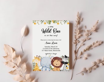 Neutral Safari Baby Sprinkle, Wild One Baby Shower Invite, Jungle Animal Invitation, Printable Template, Editable, Instant Download SA110