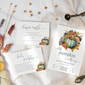 Little Pumpkin Baby Shower Invitation Set Template, Fall Invitations, Autumn Leaves, Rustic Invites, Floral Bundle, Diaper Raffle, LP110