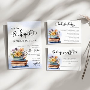 Ein neues Kapitel beginnt Babypartyeinladungsset, Storybook-Bundle, Bibliothek, Blumenbuch, bedruckbar, bearbeitbar, Wildblume, EC110