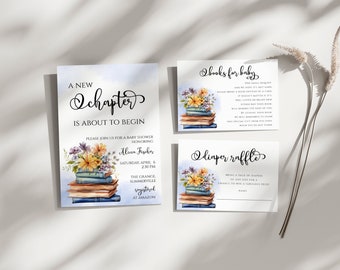 A New Chapter Will Soon Begin Baby Shower Invitation Set, Storybook Bundle, Library, Floral Book, Printable, Editable, Wildflower, NC110