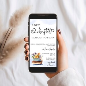 May include: A blue and white baby shower invitation with a stack of books and flowers. The text reads "A New Chapter is About to Begin" and includes the date, time, and location of the event. The invitation also includes the name of the guest of honor, Alicin Fischer, and information about the registry at Amazon.