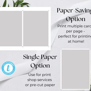 May include: Two options for printing cards are shown: single paper and paper-saving. The single paper option is for printing at a print shop or using pre-cut paper. The paper-saving option is for printing multiple cards per page at home.