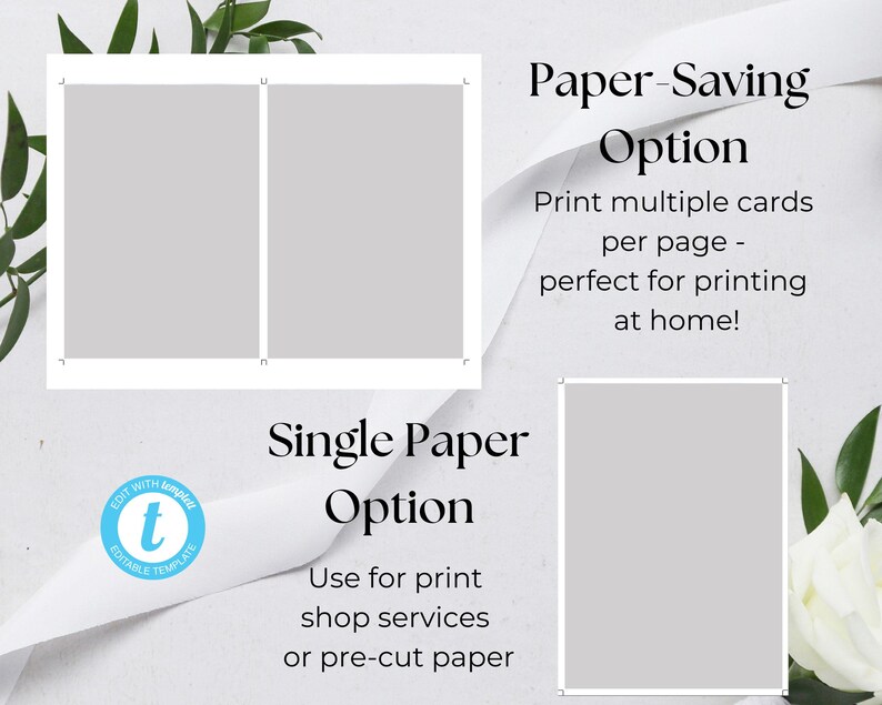 May include: Two options for printing cards are shown: single paper and paper-saving. The single paper option is for printing at a print shop or using pre-cut paper. The paper-saving option is for printing multiple cards per page at home.