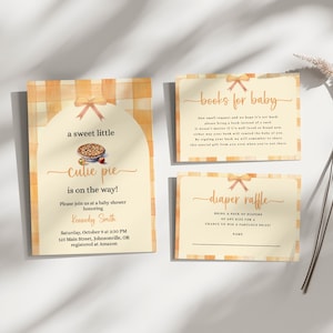 Set di inviti per baby shower Cutie Pie, dolce come una torta, invito country boho, autunno, torta di mele, plaid arancione, flanella, Pi Day, CP110